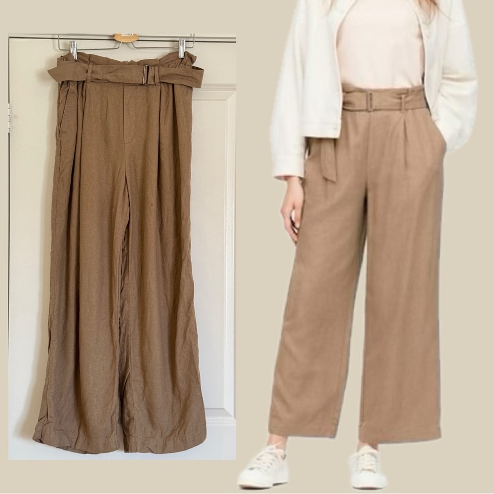 Uniqlo Belted Pleated Linen Rayon Wide Pants, Waist 28-29, Tan, Removable Belt
